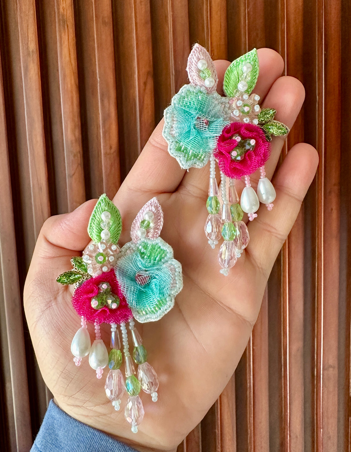 Aqua & Magenta Handmade Floral Beaded Drop Earrings