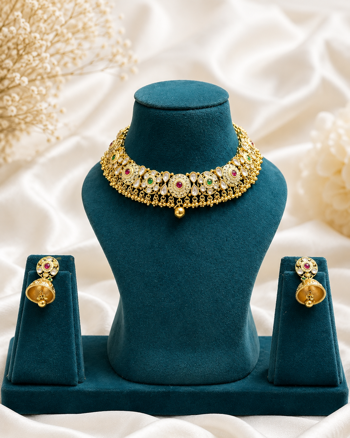 Kundan choker necklace and jhumka earrings set on teal velvet display