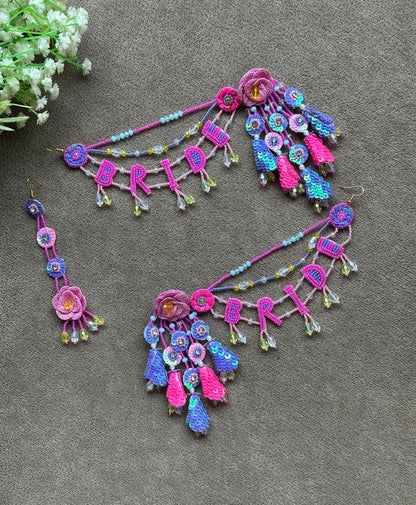 Pink & Blue Floral BRIDE Earring Tikka Set