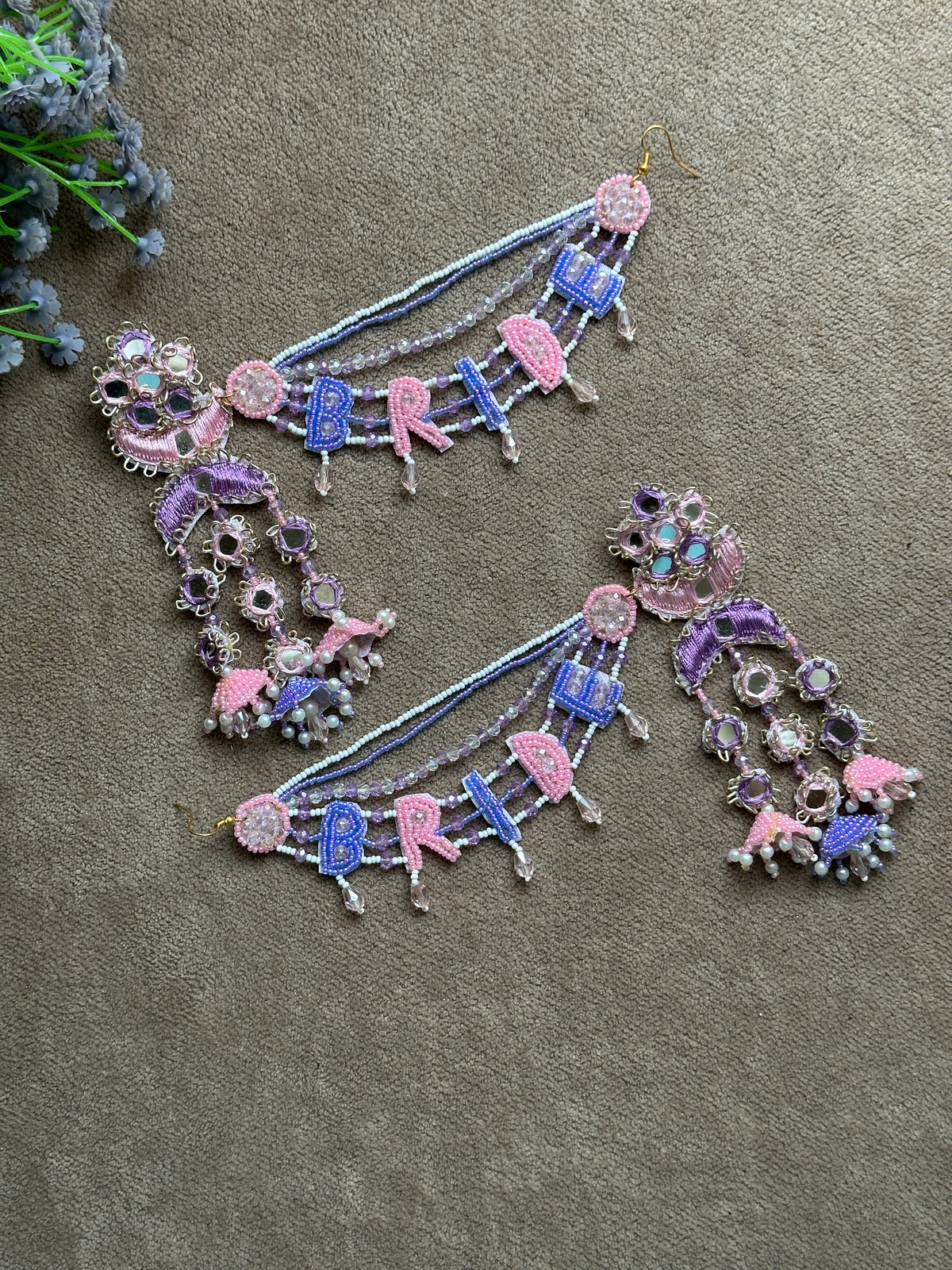 Bride Beaded Saankal Earring Tikka Set | Lavender, Pink & Blue Mirror Work
