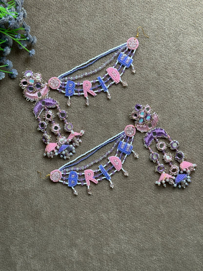Bride Beaded Saankal Earring Tikka Set | Lavender, Pink & Blue Mirror Work