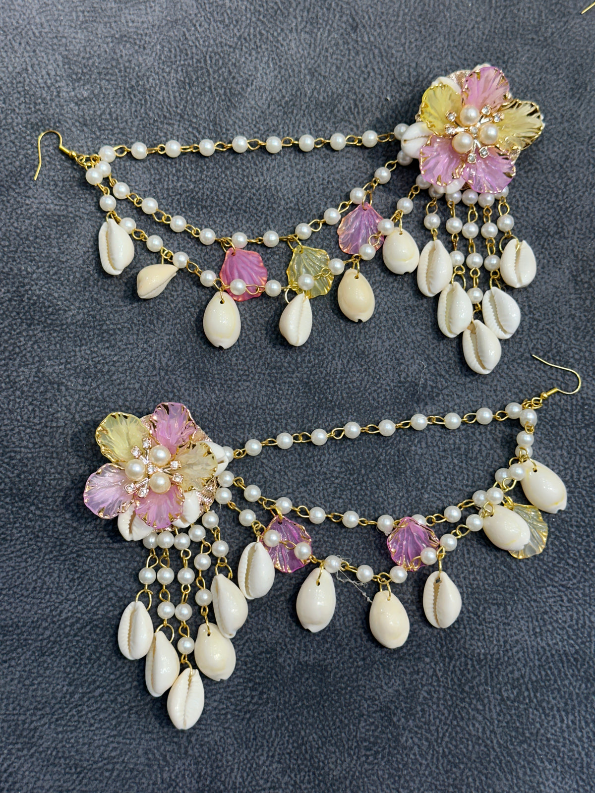 Pink & Yellow Cowrie Shell Floral Earring Tikka Set ET005