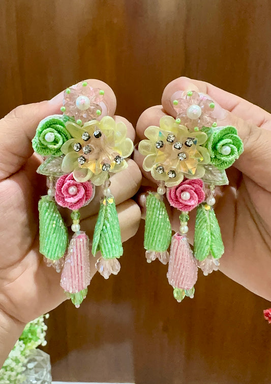 Pastel Green & Pink Floral Beaded Earrings