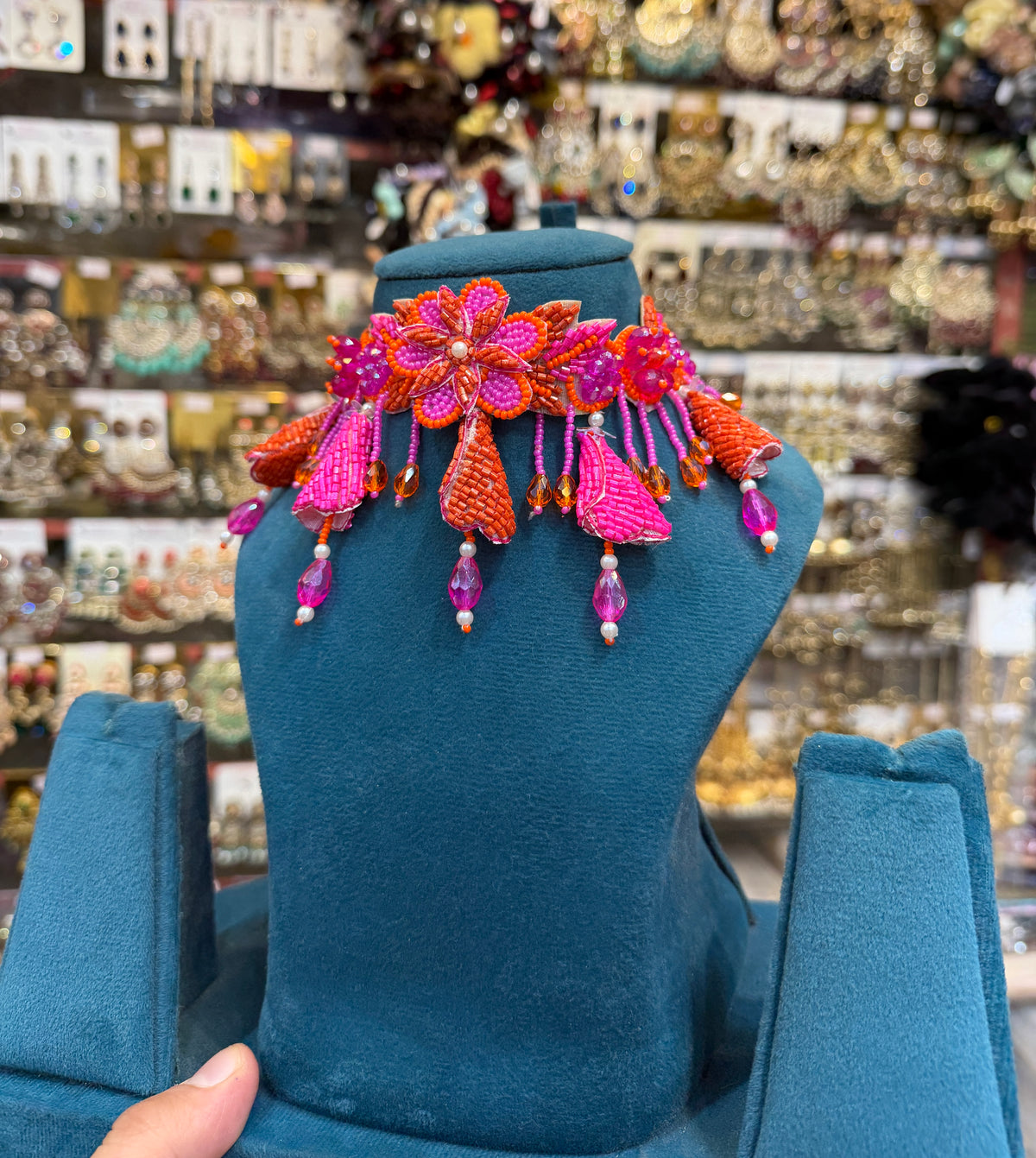Hot Pink & Orange Floral Bride Haldi Mehendi Jewellery Set