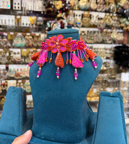 Hot Pink & Orange Floral Bride Haldi Mehendi Jewellery Set