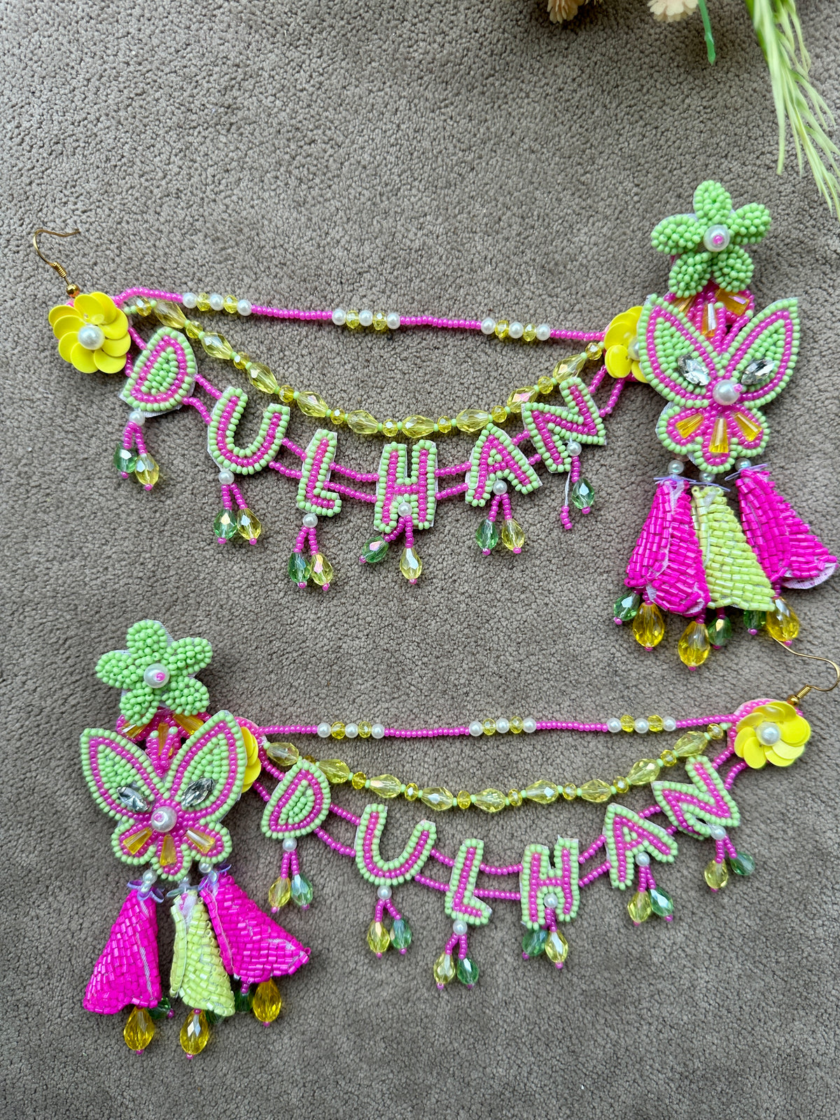 Dulhan Beaded Necklace Set with Earrings & Tikka – Green & Yellow
