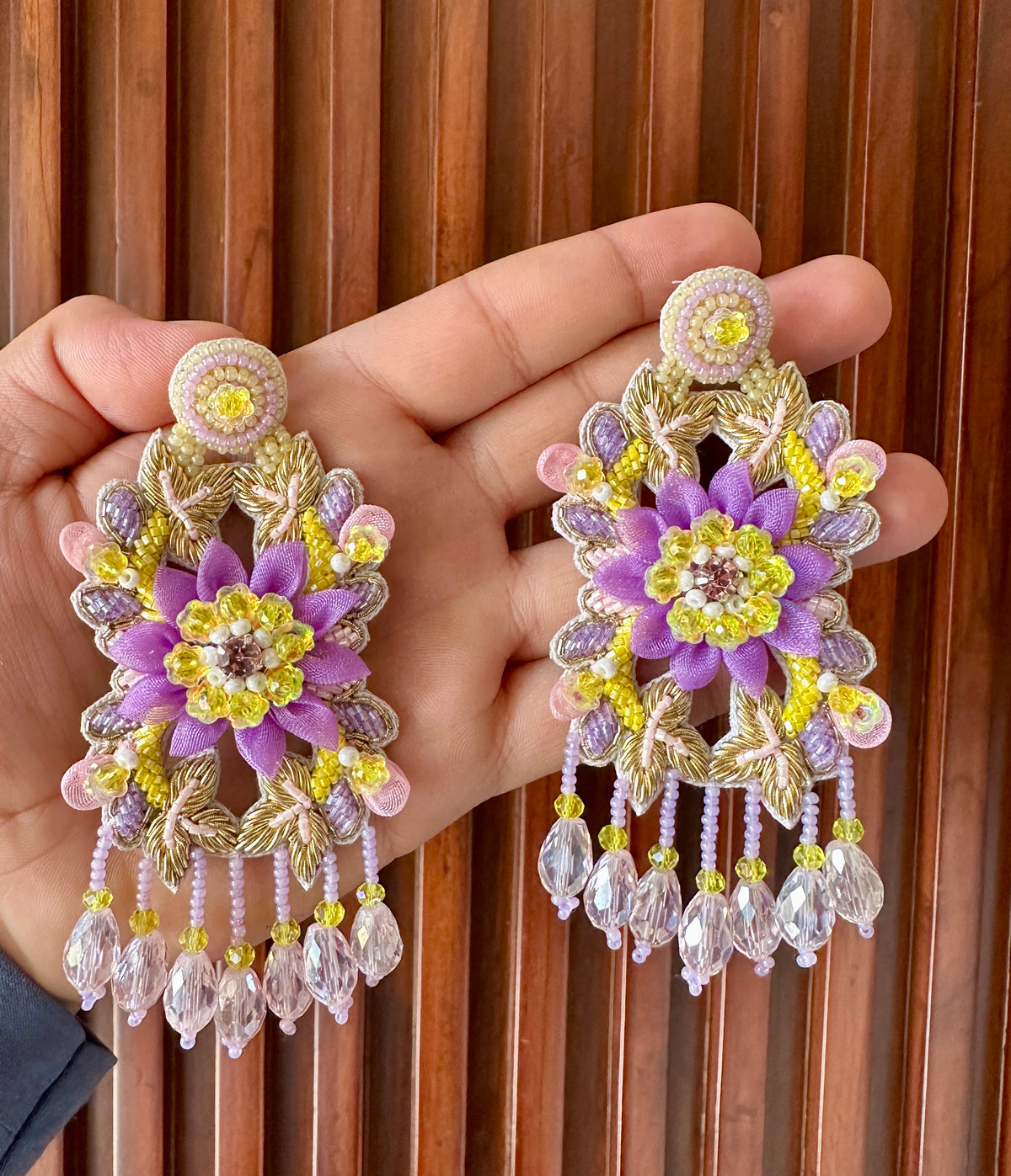 Lavender & Yellow Handmade Beaded Floral Chandelier Earrings