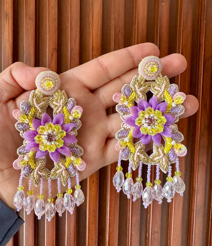 Lavender & Yellow Handmade Beaded Floral Chandelier Earrings