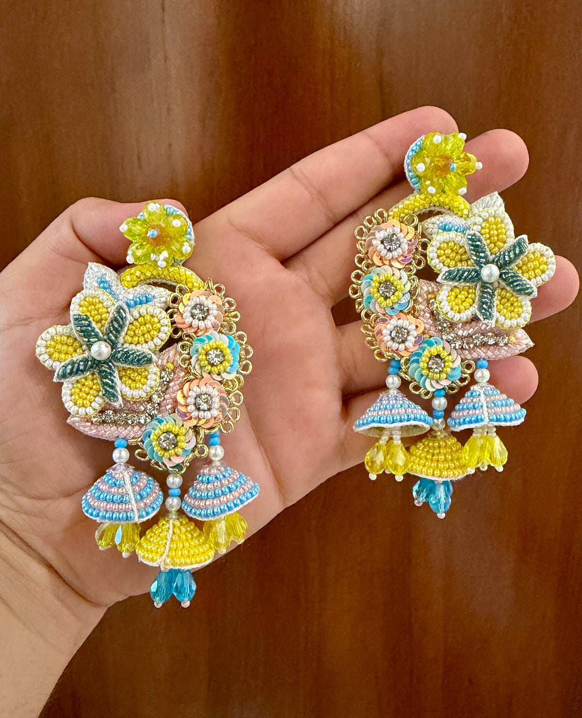 Yellow & Aqua Floral Handmade Beaded Jhumka Earrings