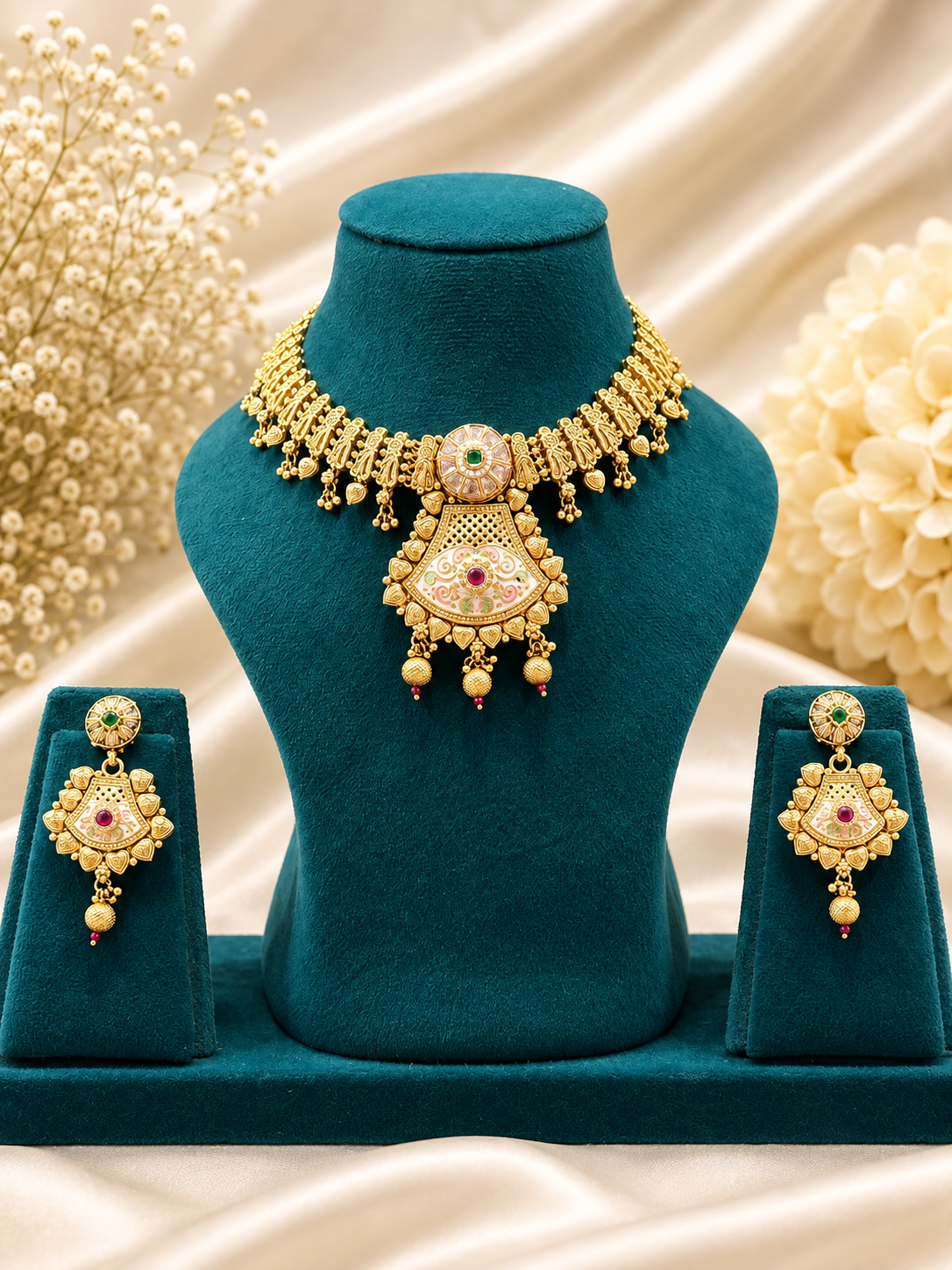 Antique Gold Temple Bridal Double Necklace Set with Haram & Drop Earrings NS00027