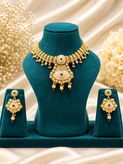 Antique Gold Temple Bridal Double Necklace Set with Haram & Drop Earrings NS00027