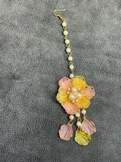 Pink & Yellow Petal Floral Earring Tikka Set ET0016