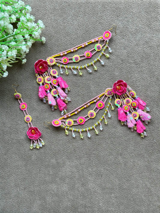Beaded Handmade Jewellery Pink Yellow Earring Tikka Set