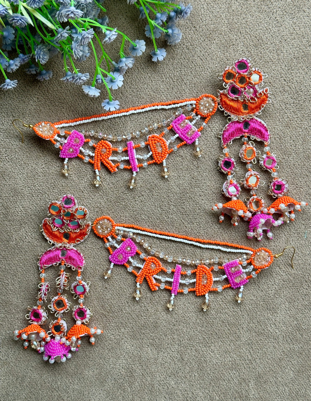 Beaded Bride Earring Tikka Set with Mirror Work – Orange & Pink