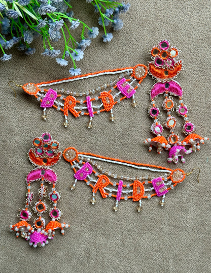 Beaded Bride Earring Tikka Set with Mirror Work – Orange & Pink