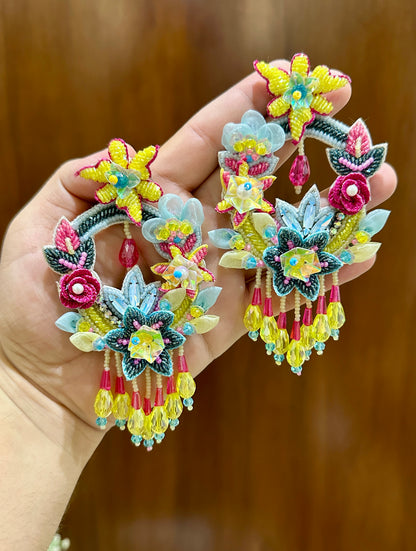 Multicolour Floral Beaded Statement Earrings with Yellow Drops