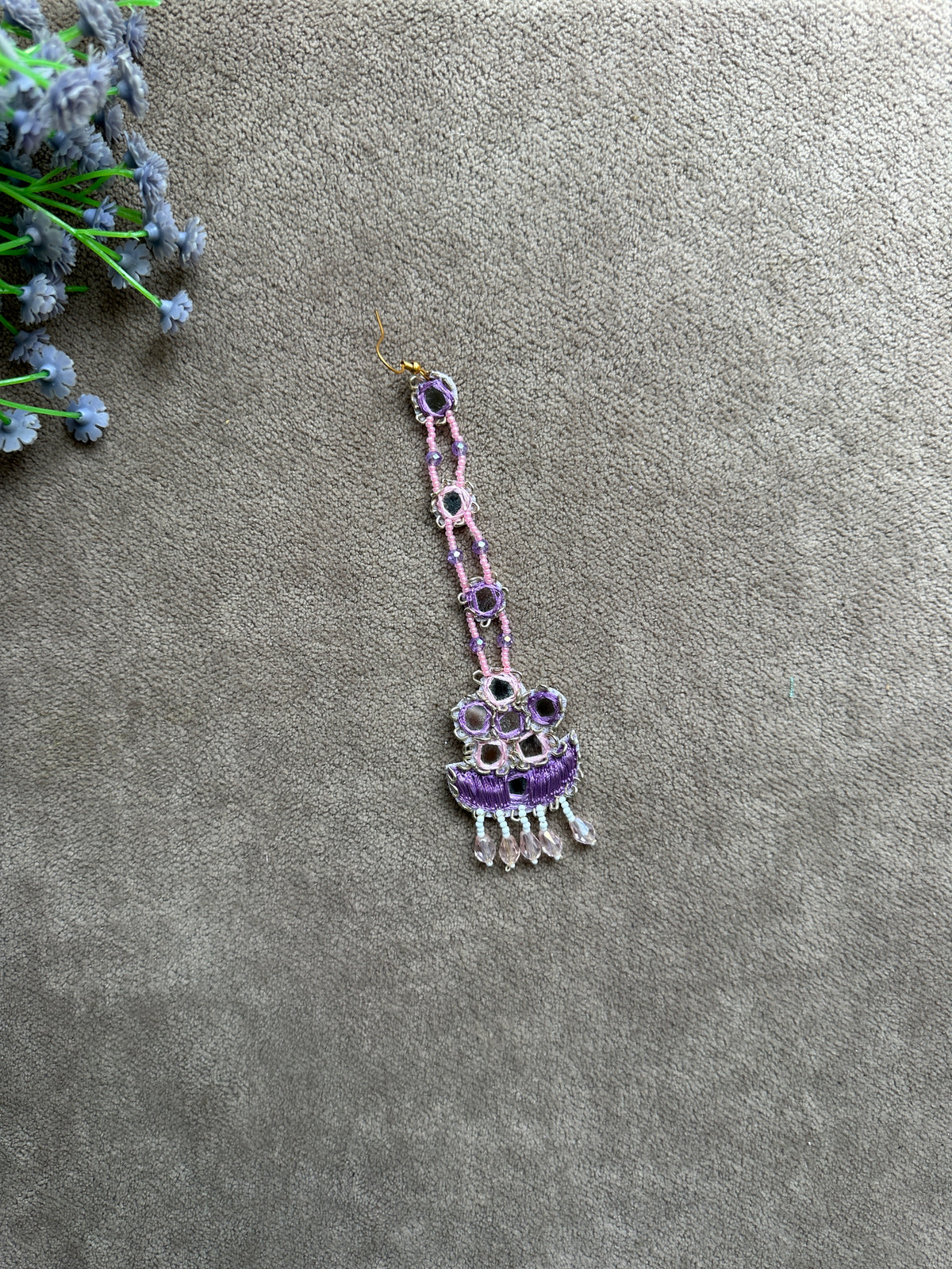 Bride Beaded Saankal Earring Tikka Set | Lavender, Pink & Blue Mirror Work