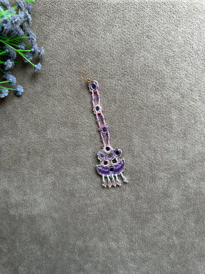 Bride Beaded Saankal Earring Tikka Set | Lavender, Pink & Blue Mirror Work