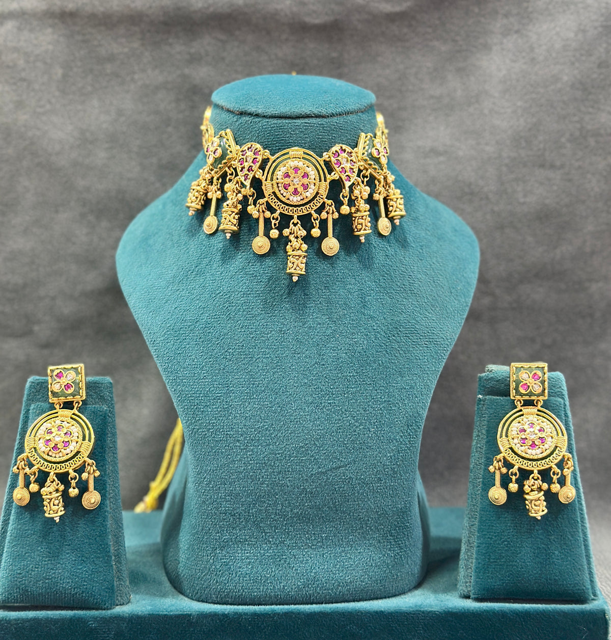 Temple Choker Necklace Set with Ruby Stones & Ghungroo Drops NS00019