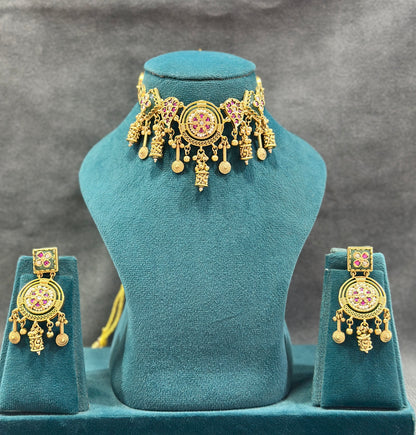 Temple Choker Necklace Set with Ruby Stones & Ghungroo Drops NS00019