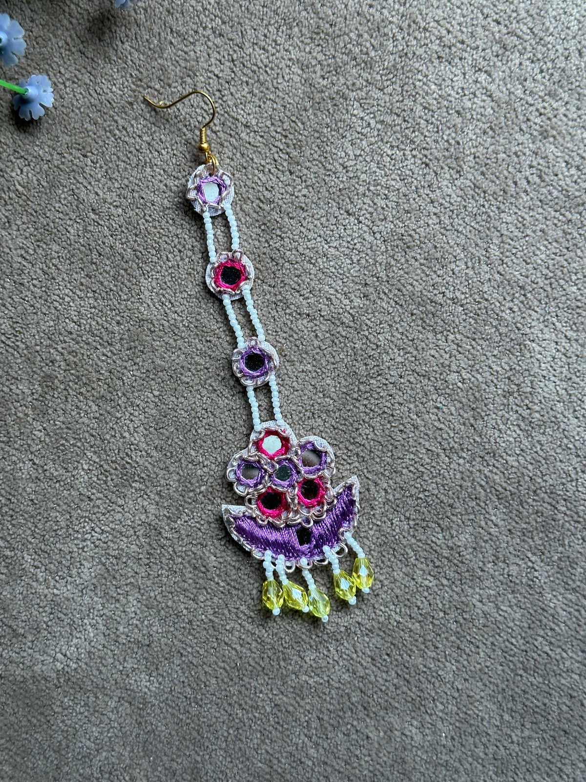 Purple & Pink Mirror Work Chandelier Jhumki Earring Tikka Set with Beaded Saankal