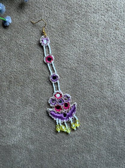 Purple & Pink Mirror Work Chandelier Jhumki Earring Tikka Set with Beaded Saankal