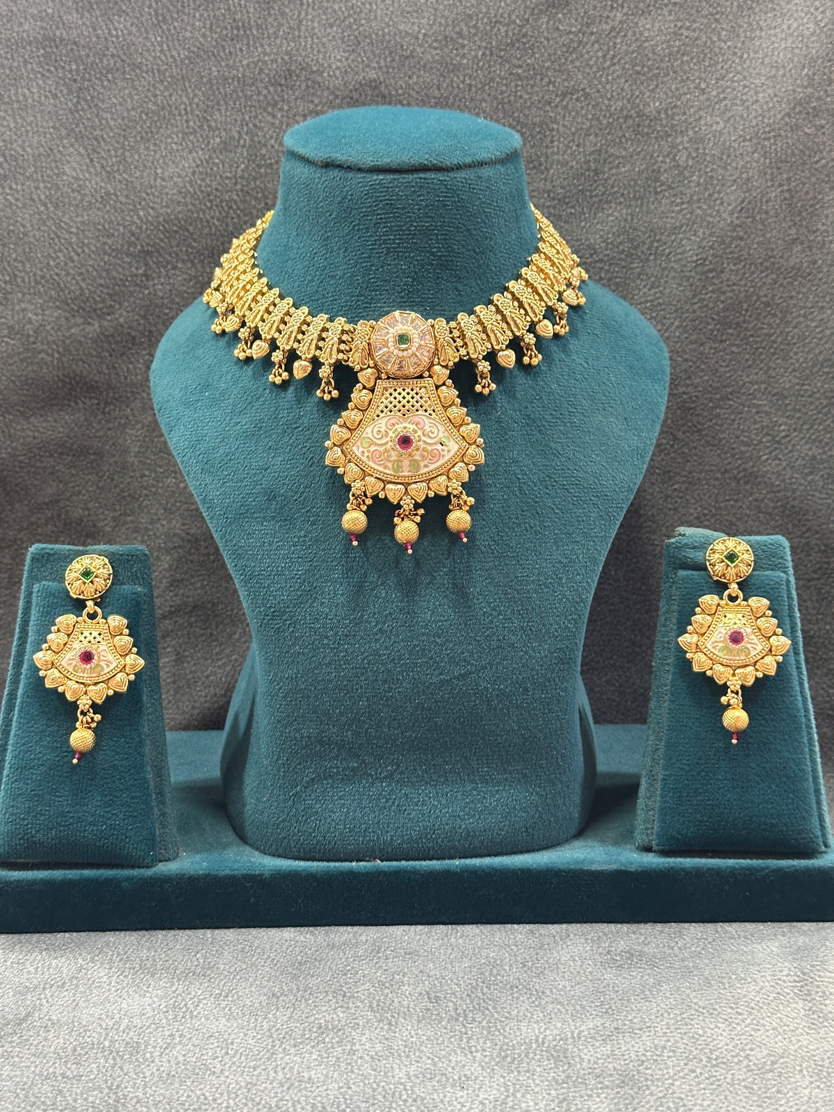 Antique Gold Temple Bridal Double Necklace Set with Haram & Drop Earrings NS00027