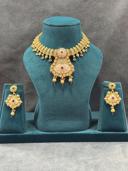 Antique Gold Temple Bridal Double Necklace Set with Haram & Drop Earrings NS00027