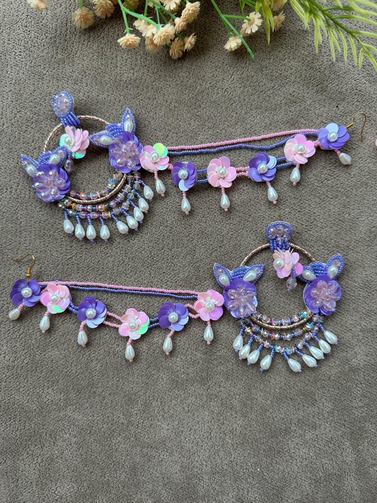 Floral Beaded Chandbali Earring Tikka Set – Purple & Blush Pink