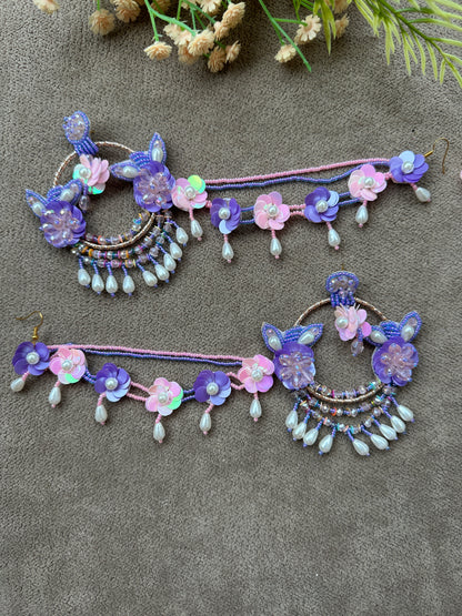 Floral Beaded Chandbali Earring Tikka Set – Purple & Blush Pink