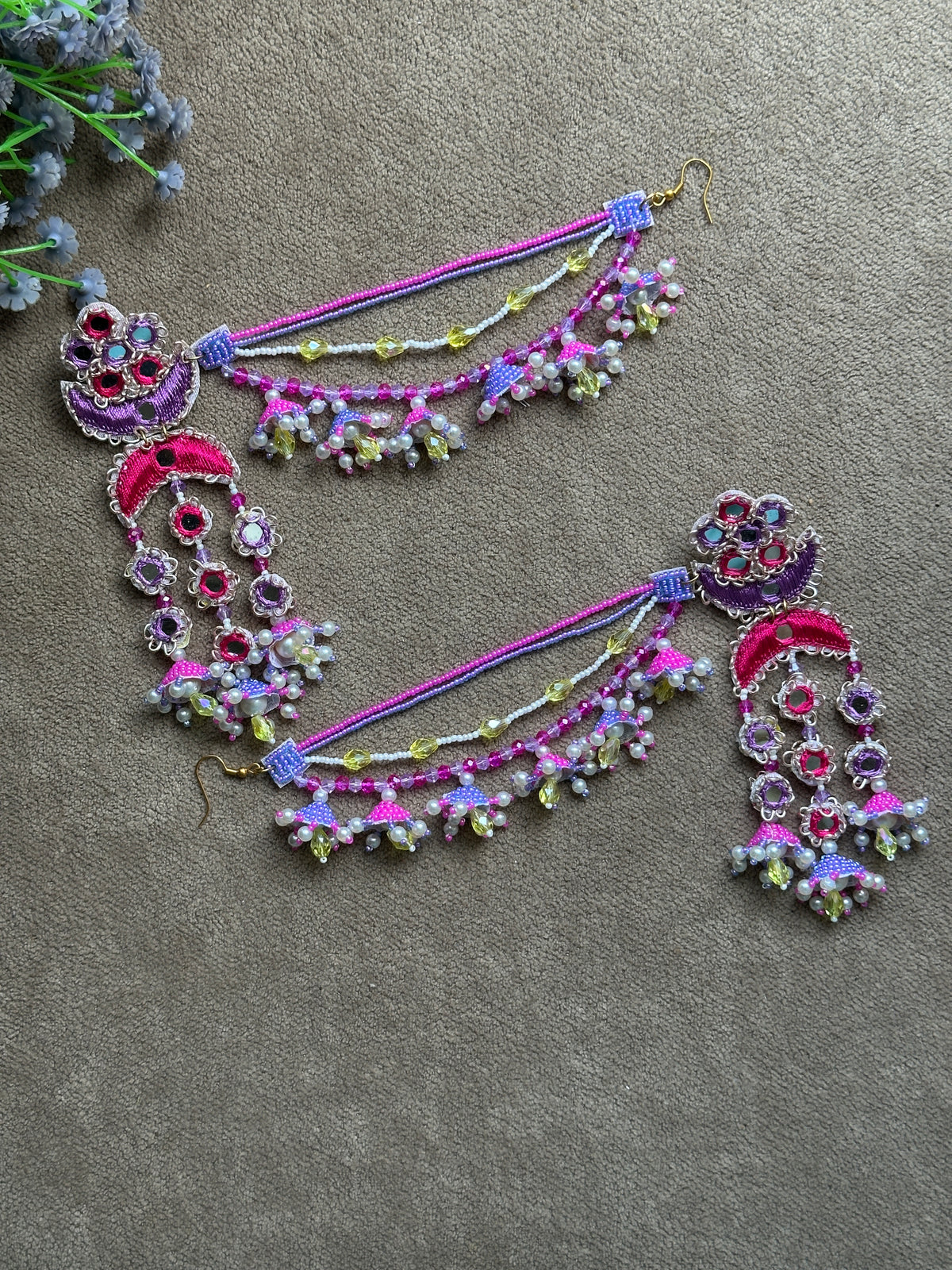 Purple & Pink Mirror Work Chandelier Jhumki Earring Tikka Set with Beaded Saankal