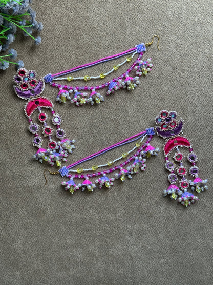 Purple & Pink Mirror Work Chandelier Jhumki Earring Tikka Set with Beaded Saankal