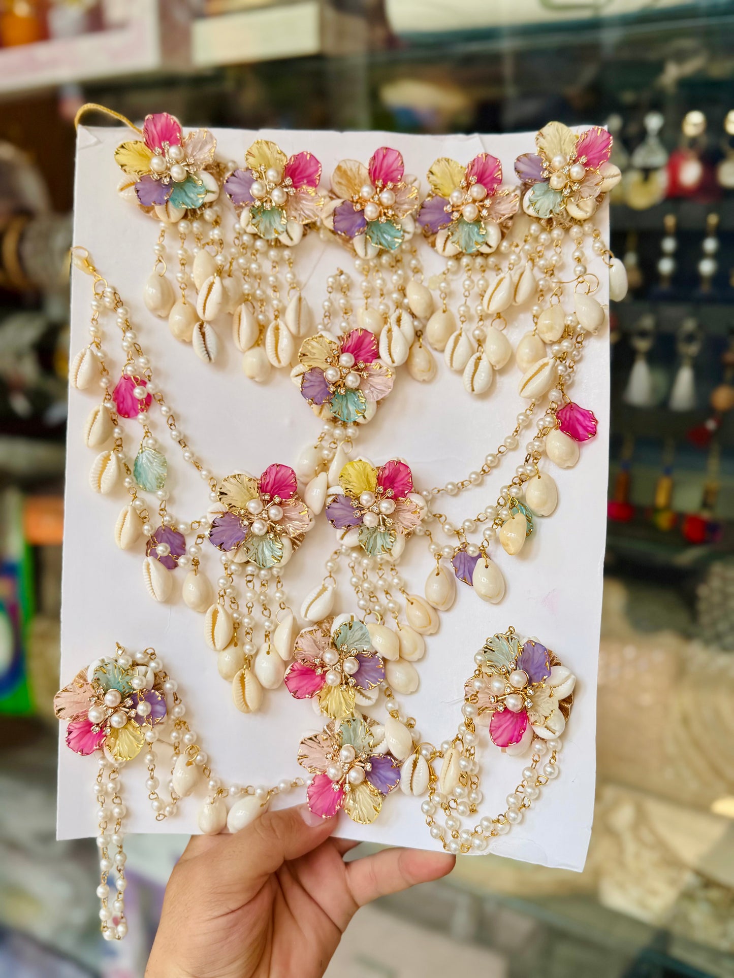 Rainbow Dark Multi Pastel Floral Shell & Pearl Bridal Jewelry Set