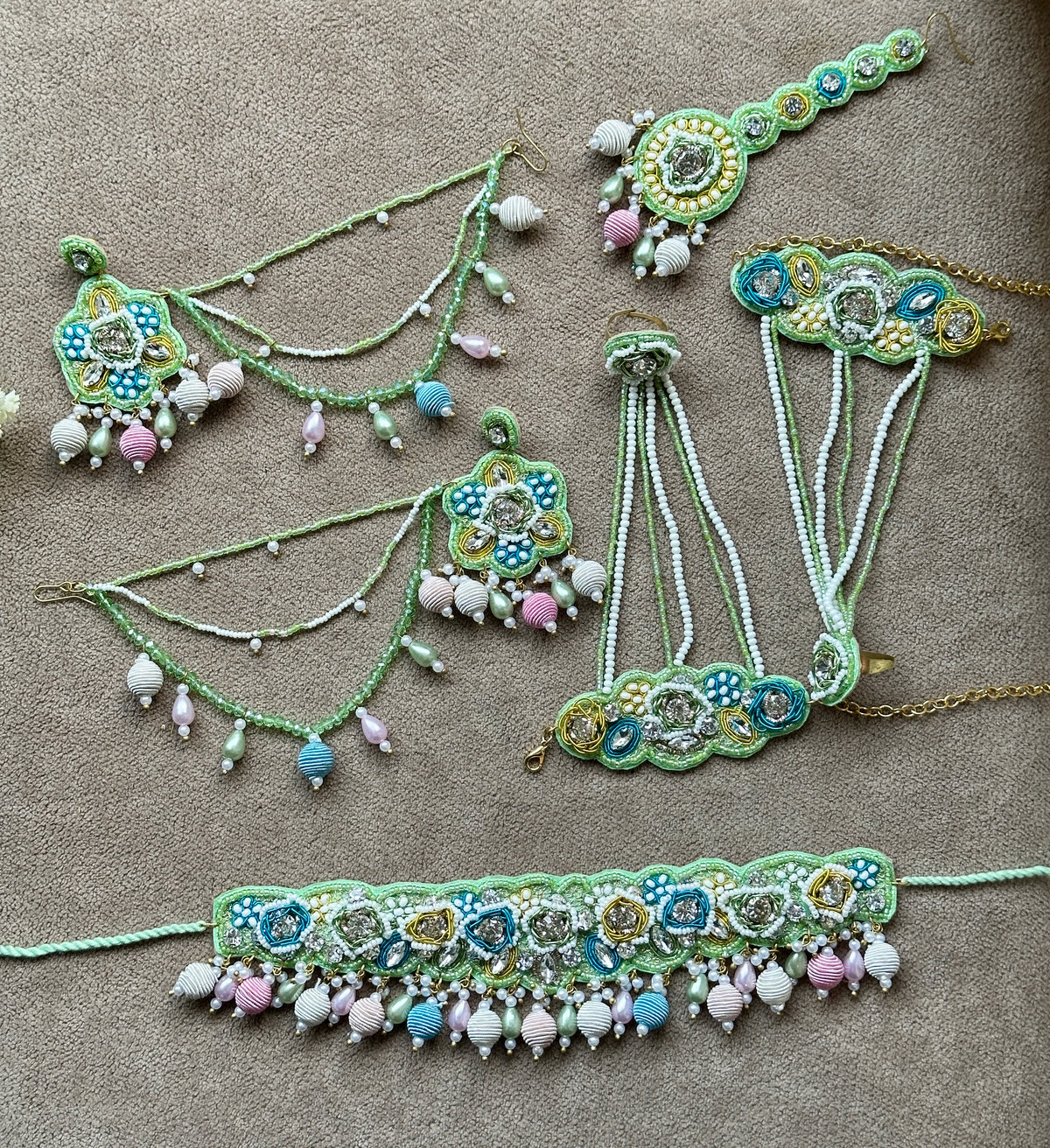 Mint Green Beaded Bridal Jewellery Set – Necklace, Earrings, Tikka & Hathphool