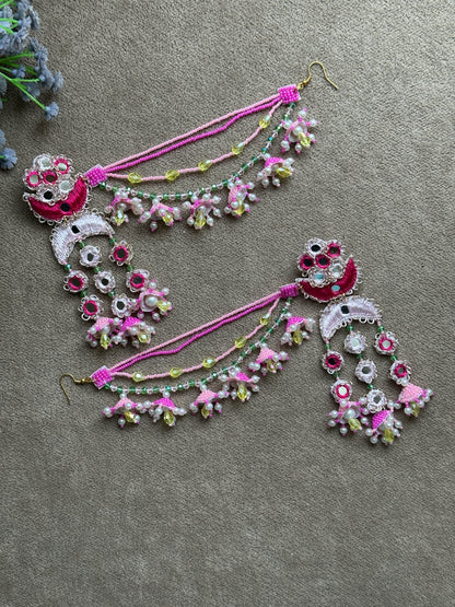 Fuchsia Pink Mirror Work Jhumki Earring Tikka Set with Beaded Saankal & Jhumki Drops