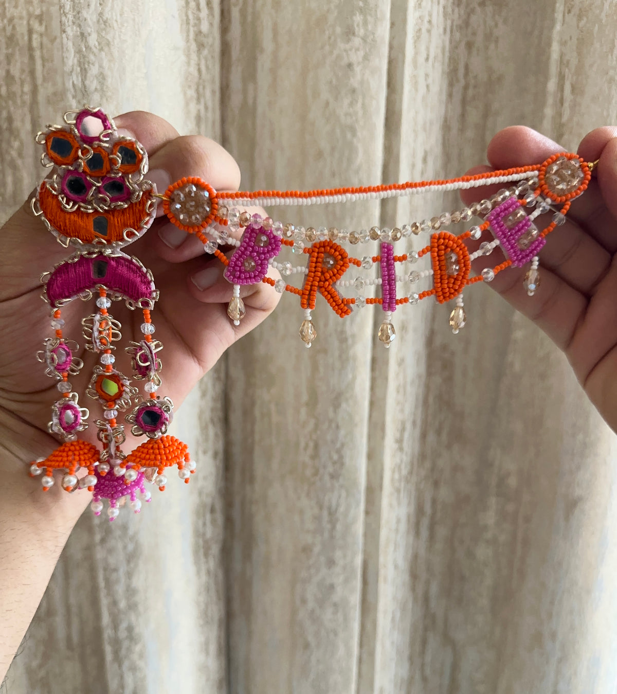 Beaded Bride Earring Tikka Set with Mirror Work – Orange & Pink