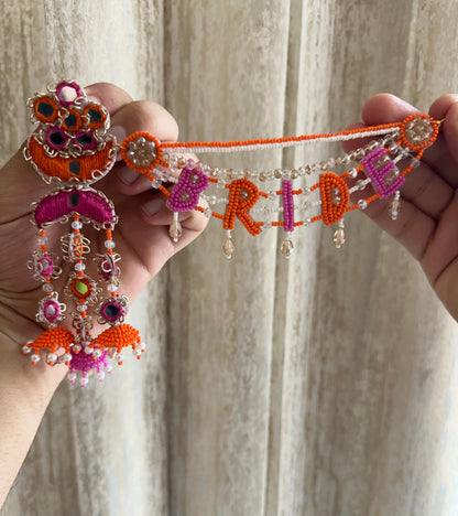 Beaded Bride Earring Tikka Set with Mirror Work – Orange & Pink