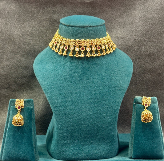 Gold Filigree Choker Necklace Set with Kundan & Ruby Stones NS00017
