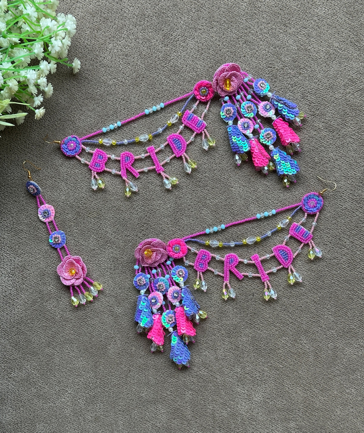 Pink & Blue Floral BRIDE Earring Tikka Set