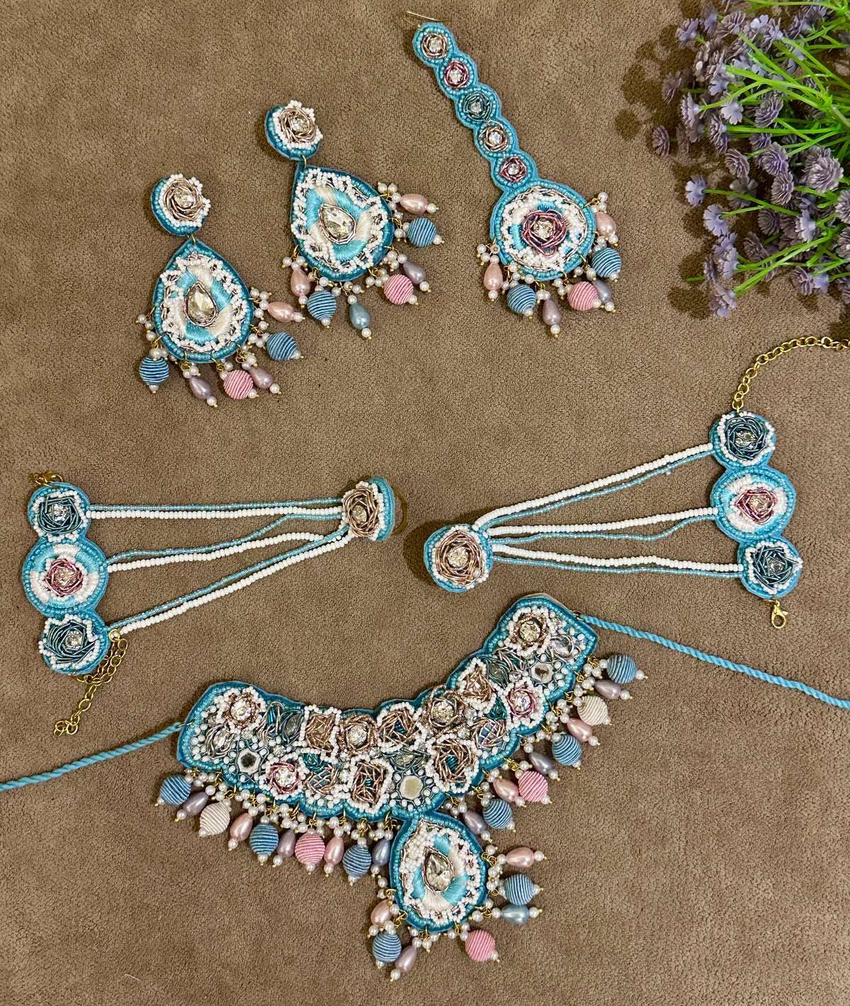 Sky Blue Beaded Haldi Jewellery Set – Necklace, Earrings, Tikka & Hathphool