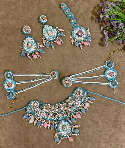 Sky Blue Beaded Haldi Jewellery Set – Necklace, Earrings, Tikka & Hathphool