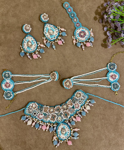 Sky Blue Beaded Haldi Jewellery Set – Necklace, Earrings, Tikka & Hathphool