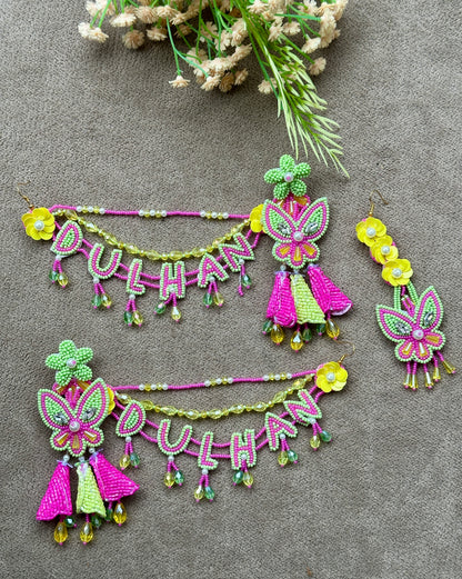 Dulhan Beaded Necklace Set with Earrings & Tikka – Green & Yellow