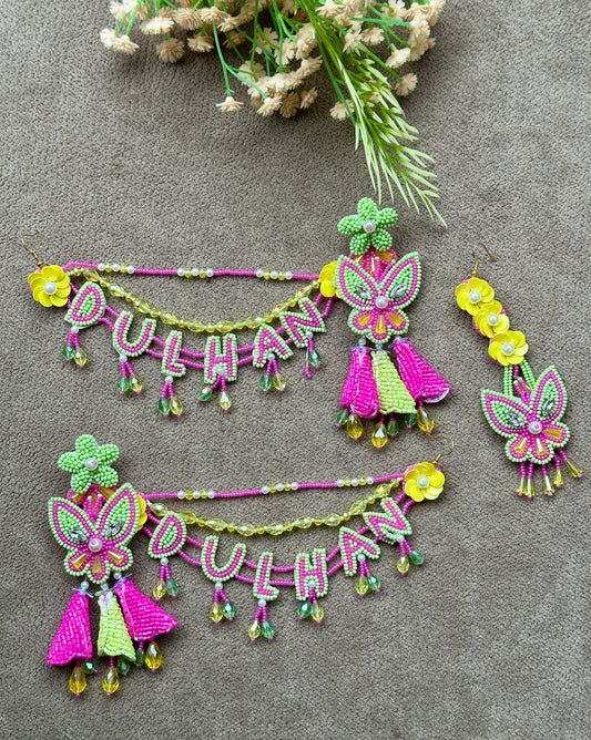 Dulhan Beaded Necklace Set with Earrings & Tikka – Green & Yellow