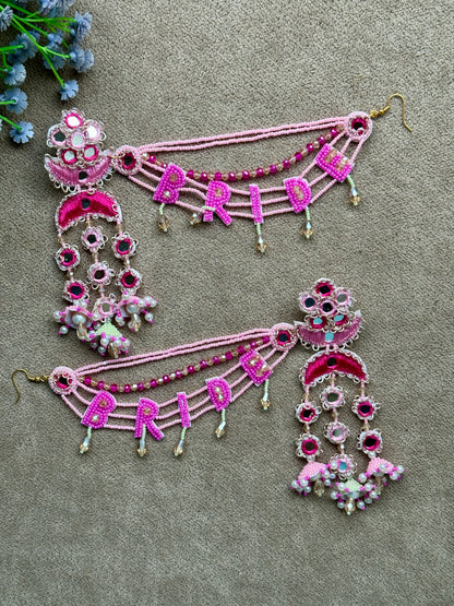Pink Bride Beaded Earring Tikka Set with Mirror Work & Jhumki