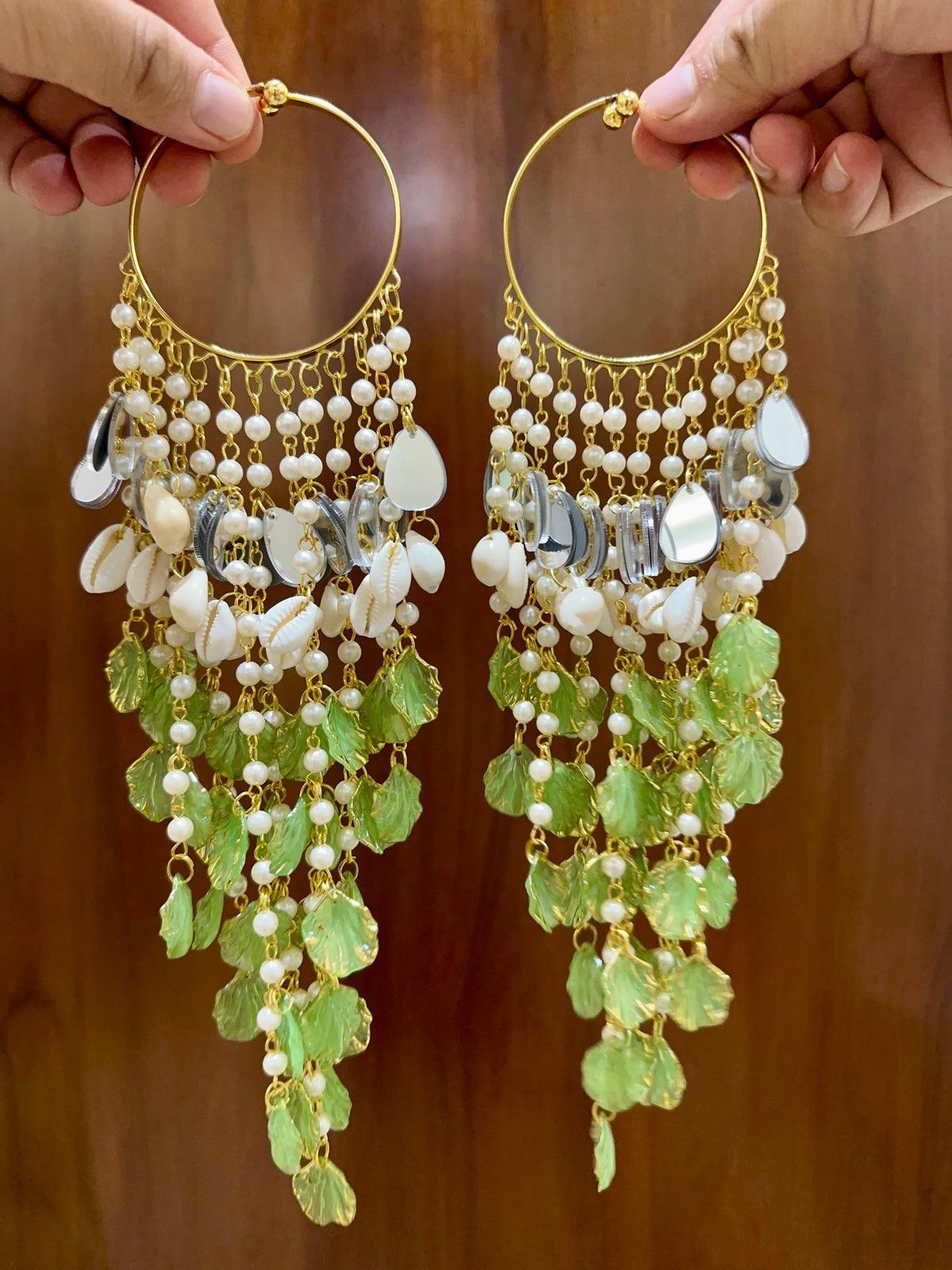 Green Petal Shell Kalira with Mirror Accents