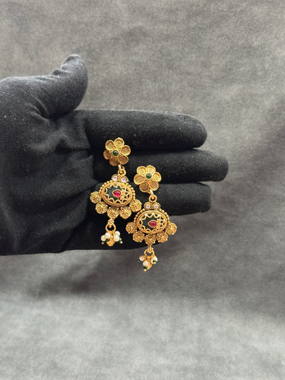 Antique Gold Emerald Bridal Double Necklace Set with Maang Tikka & Earrings NS00025
