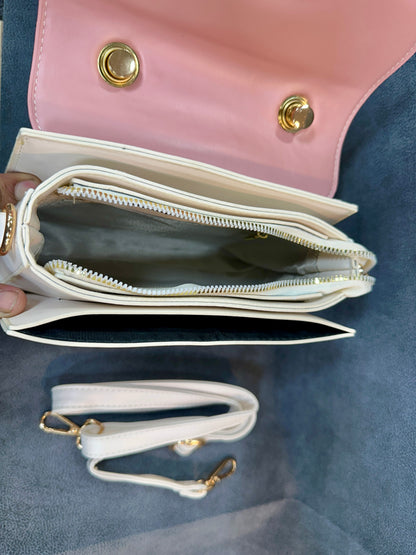 Pink & Cream Colour-Block Structured Sling Bag with Top Handle HB010