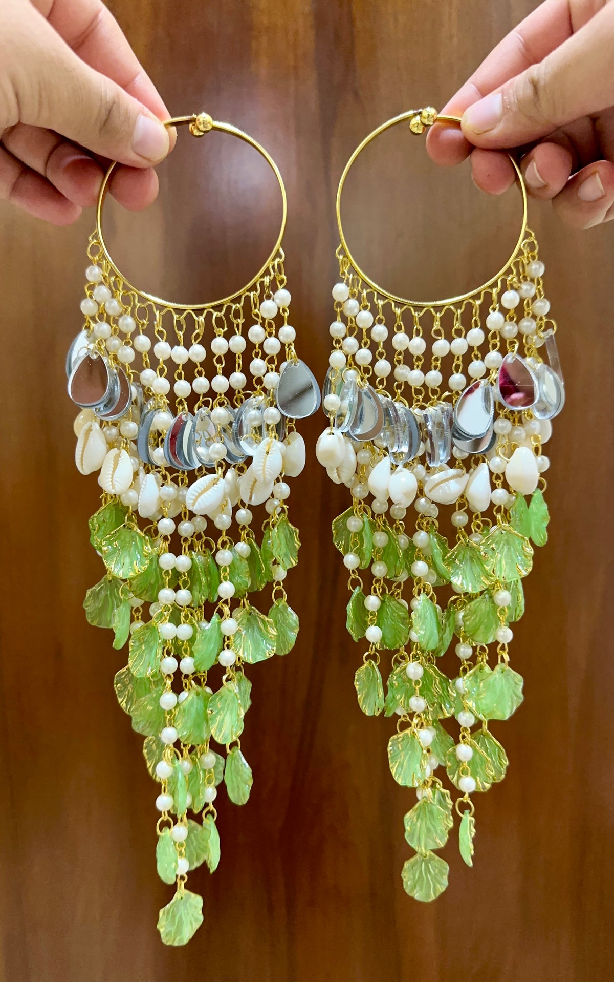 Green Petal Shell Kalira with Mirror Accents