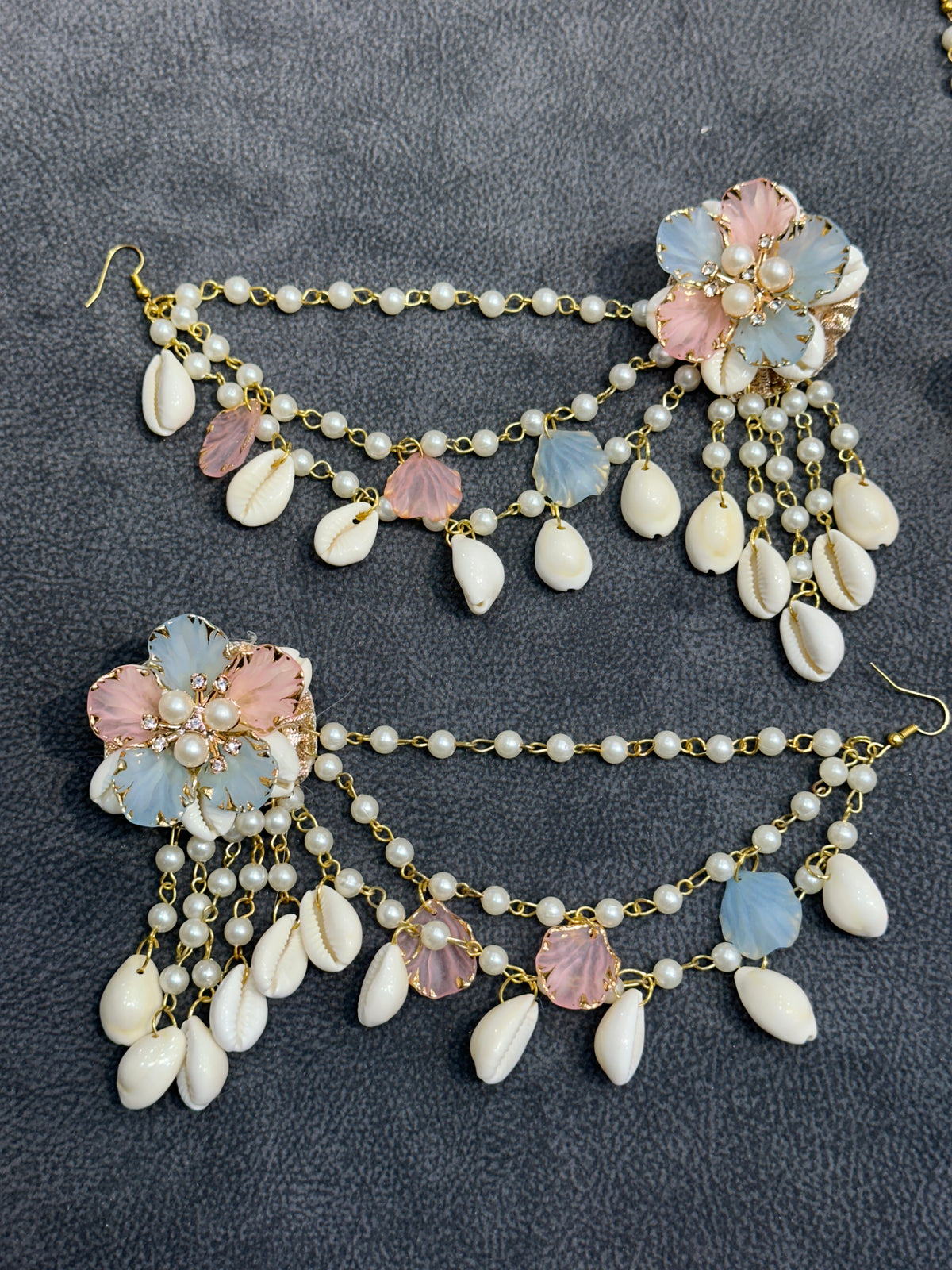 Blush Pink & Blue Cowrie Shell Floral Earring Tikka Set ET009